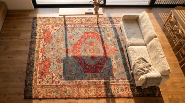 Antique persian serapi carpet 16'8"×24'10" sky blue & camel, circa 1890 (sku 20109) - styled overhead view