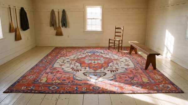 Antique persian serapi carpet 9'10"×11'10" ivory & red rust, medallion design, circa 1880 (sku 19716) - room view