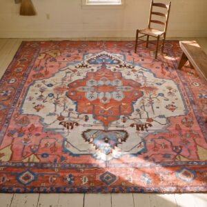 Antique Persian Serapi Carpet 9'10"×11'10" Ivory & Red Rust, Medallion Design, Circa 1880 (SKU 19716) - styled overhead view