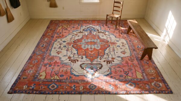 Antique persian serapi carpet 9'10"×11'10" ivory & red rust, medallion design, circa 1880 (sku 19716) - styled overhead view