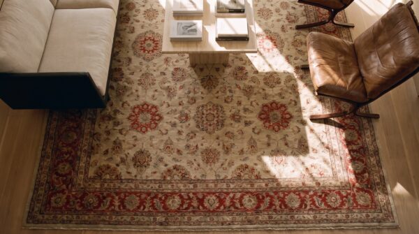 Antique persian sultanabad rug 10'×13'6" red medallion, circa 1890 2 Antique persian sultanabad rug 10'×13'6" red medallion, circa 1890 (sku 18073) - styled overhead view