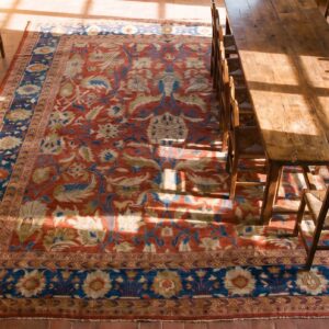 Antique Persian Sultanabad Rug 12'6"×14' Coral Red & Blue, 1880s (SKU 19801) - styled overhead view