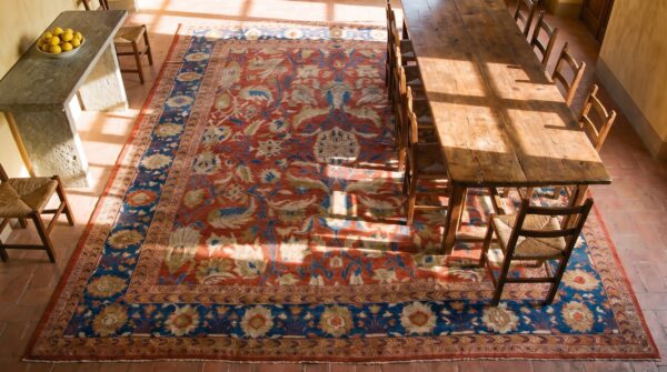Antique persian sultanabad rug 12'6"×14' coral red & blue, 1880s 2 Antique persian sultanabad rug 12'6"×14' coral red & blue, 1880s (sku 19801) - styled overhead view
