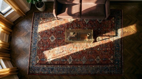 Antique persian sultanabad rug 12'6"×16'10" red geometric, circa 1890 2 Antique persian sultanabad rug 12'6"×16'10" red geometric, circa 1890 (sku 22826) - styled overhead view