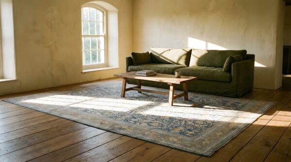 Antique persian tabriz carpet 11'6"×16' navy mostofi pattern, rust border, circa 1920 (sku 19512) - room view