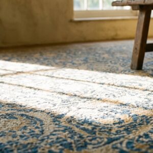 Antique Persian Tabriz Carpet 11'6"×16' Navy Mostofi Pattern, Rust Border, Circa 1920 (SKU 19512) - in-room detail