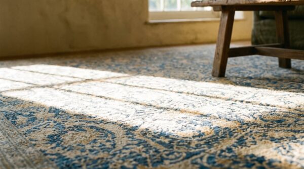 Antique persian tabriz carpet 11'6"×16' navy mostofi pattern, rust border, circa 1920 (sku 19512) - in-room detail