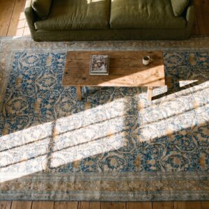 Antique Persian Tabriz Carpet 11'6"×16' Navy Mostofi Pattern, Rust Border, Circa 1920 (SKU 19512) - styled overhead view