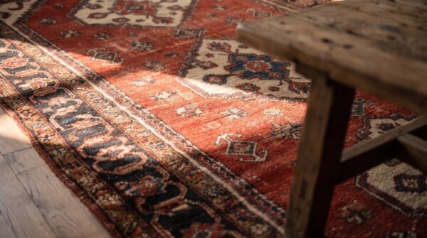 Antique persian tribal geometric red kurdish long and narrow size rug (sku 21951) - in-room detail