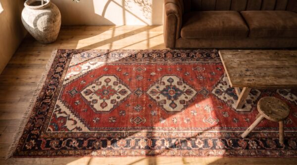 Antique persian tribal geometric red kurdish long and narrow size rug (sku 21951) - styled overhead view