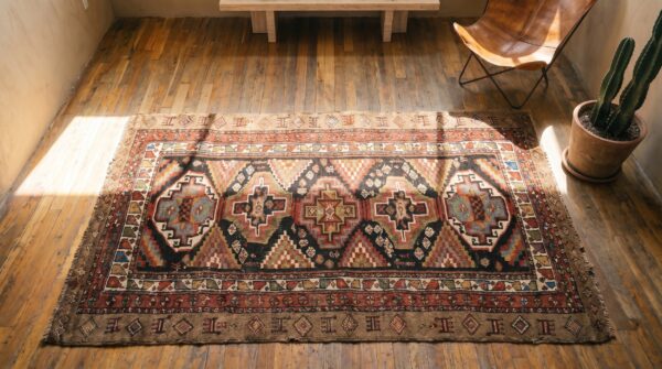 Antique persian tribal kurdish rug, hand-knotted wool 2 Antique persian tribal kurdish rug, hand-knotted wool (sku 18956) - styled overhead view