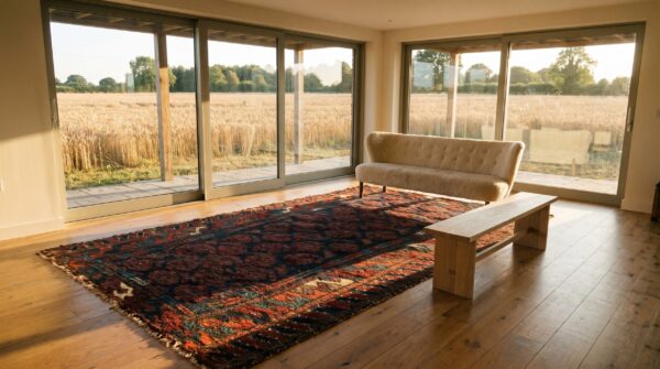 Antique persian tribal paisley motif baluch hand knotted square rug 7 Antique persian tribal paisley motif baluch hand knotted square rug (sku 25299) - room view