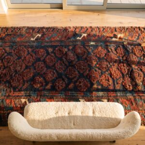 Antique Persian Tribal Paisley Motif Baluch Hand Knotted Square Rug (SKU 25299) - styled overhead view