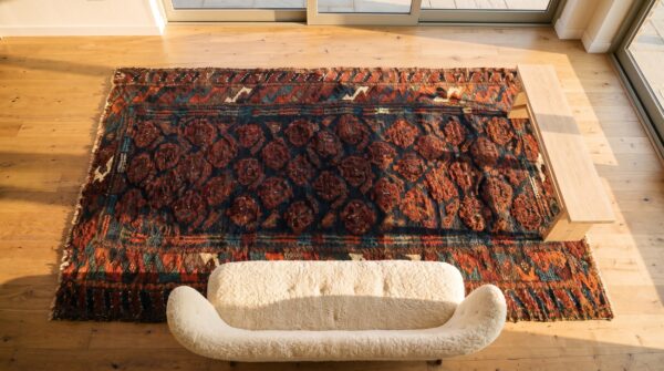 Antique persian tribal paisley motif baluch hand knotted square rug 2 Antique persian tribal paisley motif baluch hand knotted square rug (sku 25299) - styled overhead view
