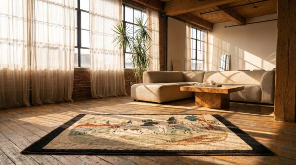 Antique pictorial american folk art dog pattern hooked animal rug 7 Antique pictorial american folk art dog pattern hooked animal rug (sku 18374) - room view
