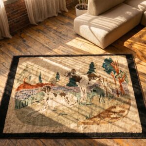Antique Pictorial American Folk Art Dog Pattern Hooked Animal Rug (SKU 18374) - styled overhead view
