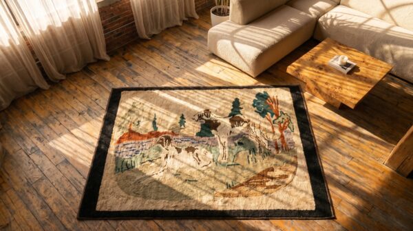 Antique pictorial american folk art dog pattern hooked animal rug 2 Antique pictorial american folk art dog pattern hooked animal rug (sku 18374) - styled overhead view
