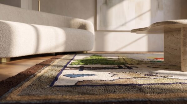 Antique pictorial american folk art hooked rug 11 Antique pictorial american folk art hooked rug (sku 20461) - in-room detail