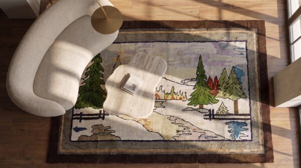 Antique pictorial american folk art hooked rug 2 Antique pictorial american folk art hooked rug (sku 20461) - styled overhead view