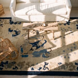 Antique Pictorial Scene Peking Chinese Allover Ivory Color 1900s Rug (SKU 24883) - styled overhead view