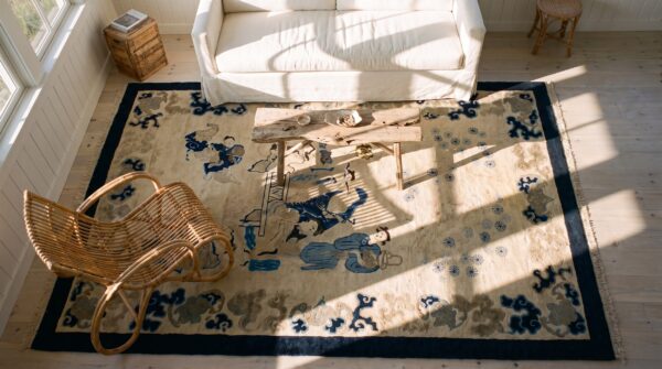 Antique pictorial scene peking chinese allover ivory color 1900s rug (sku 24883) - styled overhead view