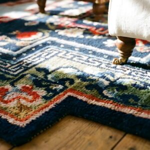 Pomegranate Design Antique Floral Geometric Blue Chinese Saddle Horse Cover Rug (SKU 25328) - in-room detail