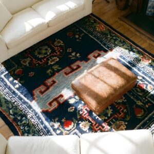 Pomegranate Design Antique Floral Geometric Blue Chinese Saddle Horse Cover Rug (SKU 25328) - styled overhead view