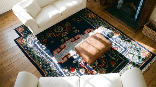 Pomegranate design antique floral geometric blue chinese saddle horse cover rug 2 Pomegranate design antique floral geometric blue chinese saddle horse cover rug (sku 25328) - styled overhead view