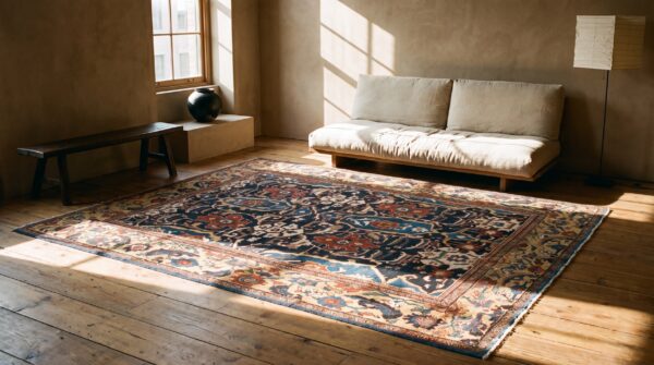 Primitive tribal design antique blue room size persian sultanabad rug (sku 21242) - room view