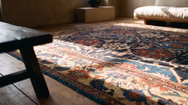Primitive tribal design antique blue room size persian sultanabad rug (sku 21242) - in-room detail