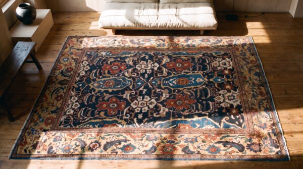Primitive tribal design antique blue room size persian sultanabad rug (sku 21242) - styled overhead view