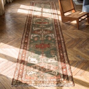 Primitive Tribal Design Antique Persian Heriz Serapi Hallway Runner Rug (SKU 20885) - styled overhead view