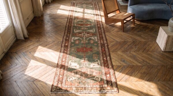 Primitive tribal design antique persian heriz serapi hallway runner rug 2 Primitive tribal design antique persian heriz serapi hallway runner rug (sku 20885) - styled overhead view