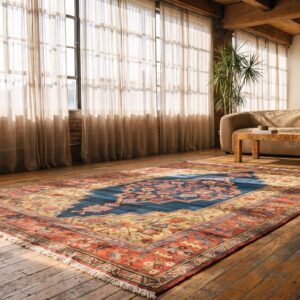 Antique Primitive Tribal Geometric Medallion Design Persian Bidjar Rug (SKU 21623) - room view