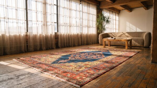 Antique primitive tribal geometric medallion design persian bidjar rug 8 Antique primitive tribal geometric medallion design persian bidjar rug (sku 21623) - room view