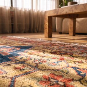Antique Primitive Tribal Geometric Medallion Design Persian Bidjar Rug (SKU 21623) - in-room detail