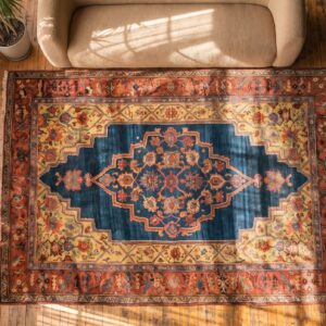 Antique Primitive Tribal Geometric Medallion Design Persian Bidjar Rug (SKU 21623) - styled overhead view