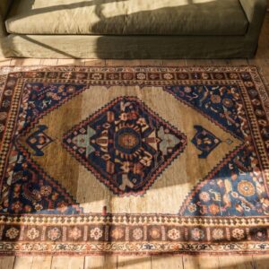 Primitive Tribal Antique Small Scatter Size Persian Bidjar Medallion Rug (SKU 18329) - styled overhead view