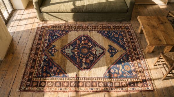 Primitive tribal antique small scatter size persian bidjar medallion rug 2 Primitive tribal antique small scatter size persian bidjar medallion rug (sku 18329) - styled overhead view
