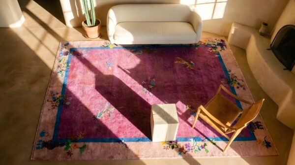 Hand knotted pile purple 1920s rectangle wool antique rug 14 Hand knotted pile purple 1920s rectangle wool antique rug (sku 24217) - in-room detail
