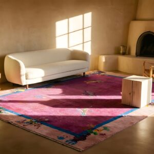 Hand Knotted Pile Purple 1920s Rectangle Wool Antique Rug (SKU 24217) - styled overhead view