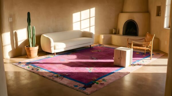 Hand knotted pile purple 1920s rectangle wool antique rug 2 Hand knotted pile purple 1920s rectangle wool antique rug (sku 24217) - styled overhead view