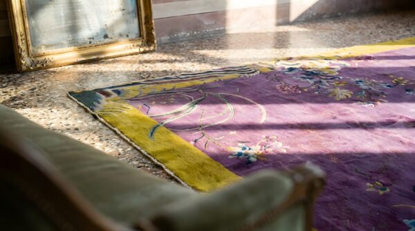 Antique wool purple hand knotted pile rug 10 Antique wool purple hand knotted pile rug (sku 24309) - in-room detail