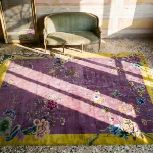 Antique Wool Purple Hand Knotted Pile Rug (SKU 24309) - styled overhead view