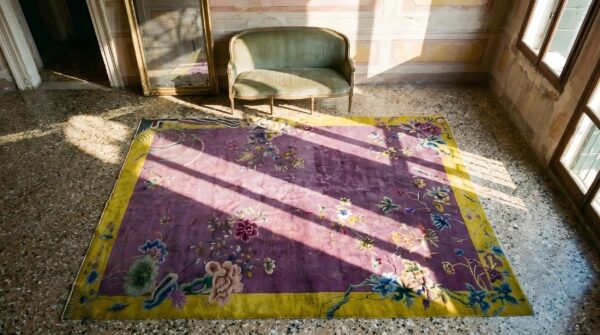 Antique wool purple hand knotted pile rug 2 Antique wool purple hand knotted pile rug (sku 24309) - styled overhead view