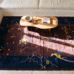 Purple Bold Tree Bird Of Paradise Pattern Small Antique Chinese Deco Rug (SKU 25100) - styled overhead view