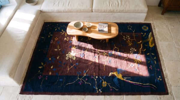 Purple bold tree bird of paradise pattern small antique chinese deco rug 2 Purple bold tree bird of paradise pattern small antique chinese deco rug (sku 25100) - styled overhead view