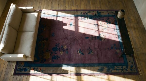 Purple antique floral art deco chinese carpet 2 Purple antique floral art deco chinese carpet (sku 23939) - styled overhead view