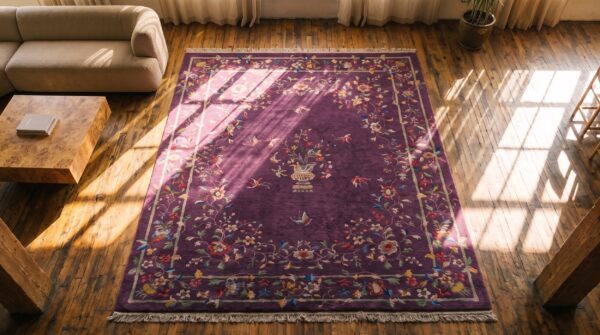 Purple floral room size antique chinese art deco rug 2 Purple floral room size antique chinese art deco rug (sku 22320) - styled overhead view
