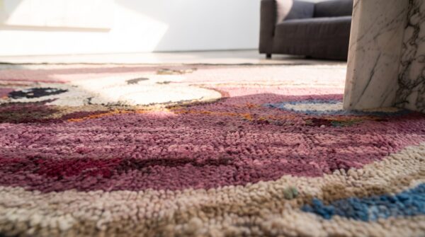 Purple hooked antique wool 1930s american small scatter size rug 8 Purple hooked antique wool 1930s american small scatter size rug (sku 20249) - in-room detail